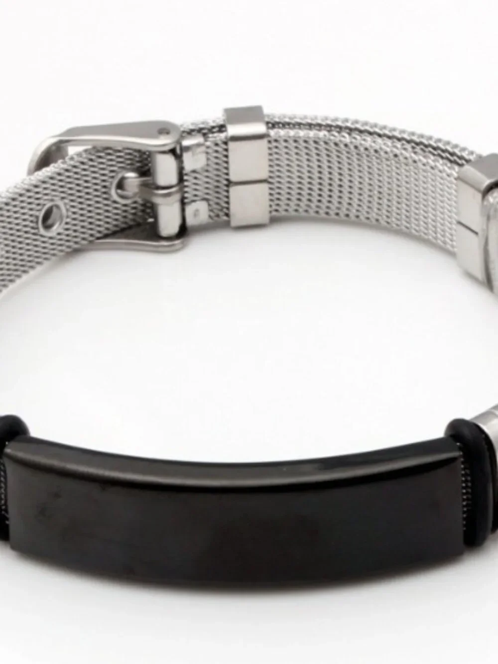 Men’s Two Tone Silicone Bracelet Matte Black Silver Engravable Bar Wrist Band Mi